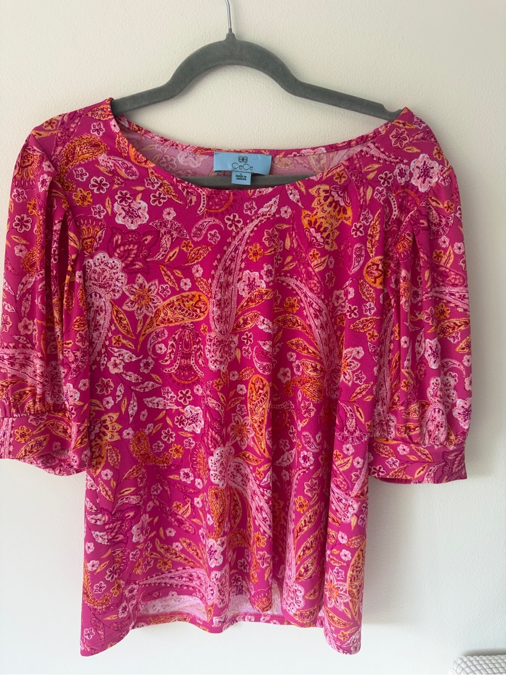 CeCe Fuchsia Pink Paisley Short Sleeve Blouse